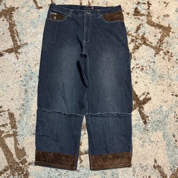 Vintage Johnny Blaze Suede Leather Accent Baggy Jeans Size 38 Method Man Wutang - Picture 1 of 7